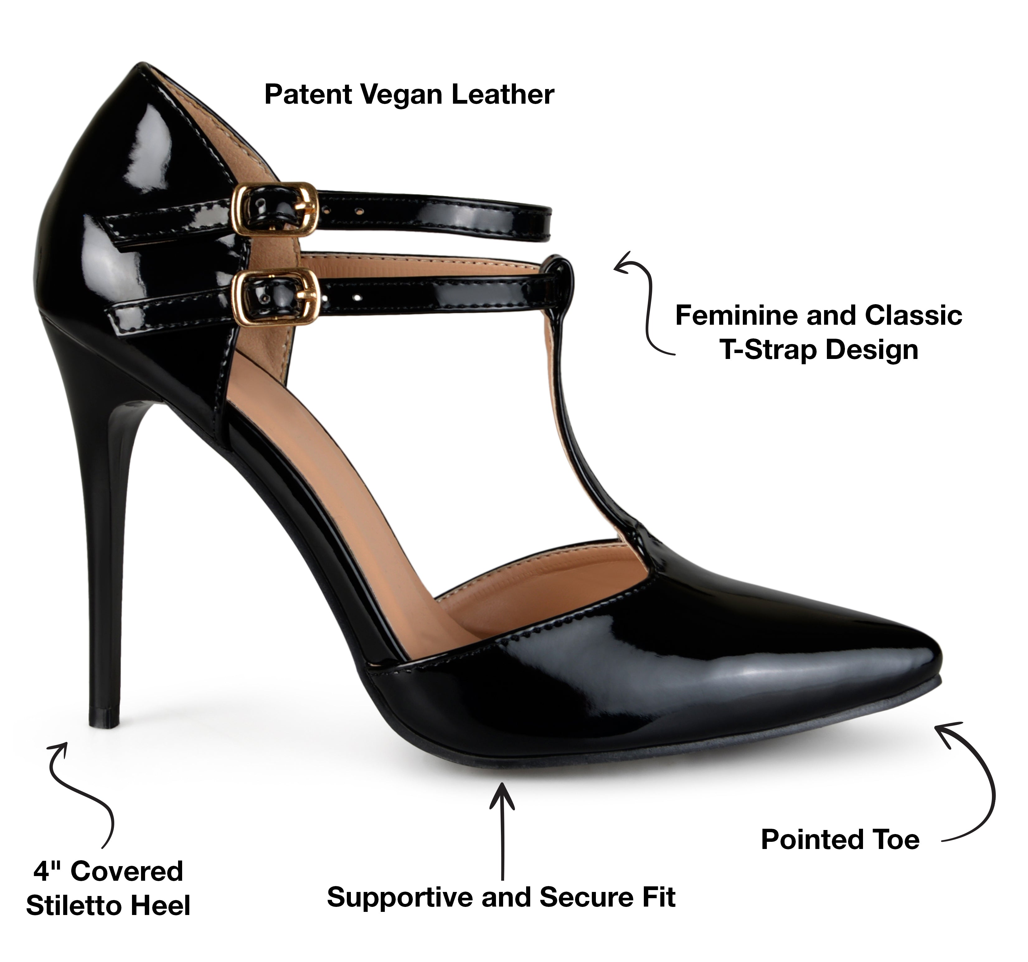 TRU T-STRAP STILETTO PUMP HEELS IN WIDE - Black