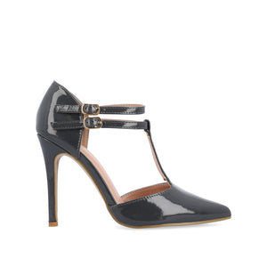 TRU T-STRAP STILETTO PUMP HEELS IN PATENT - Grey