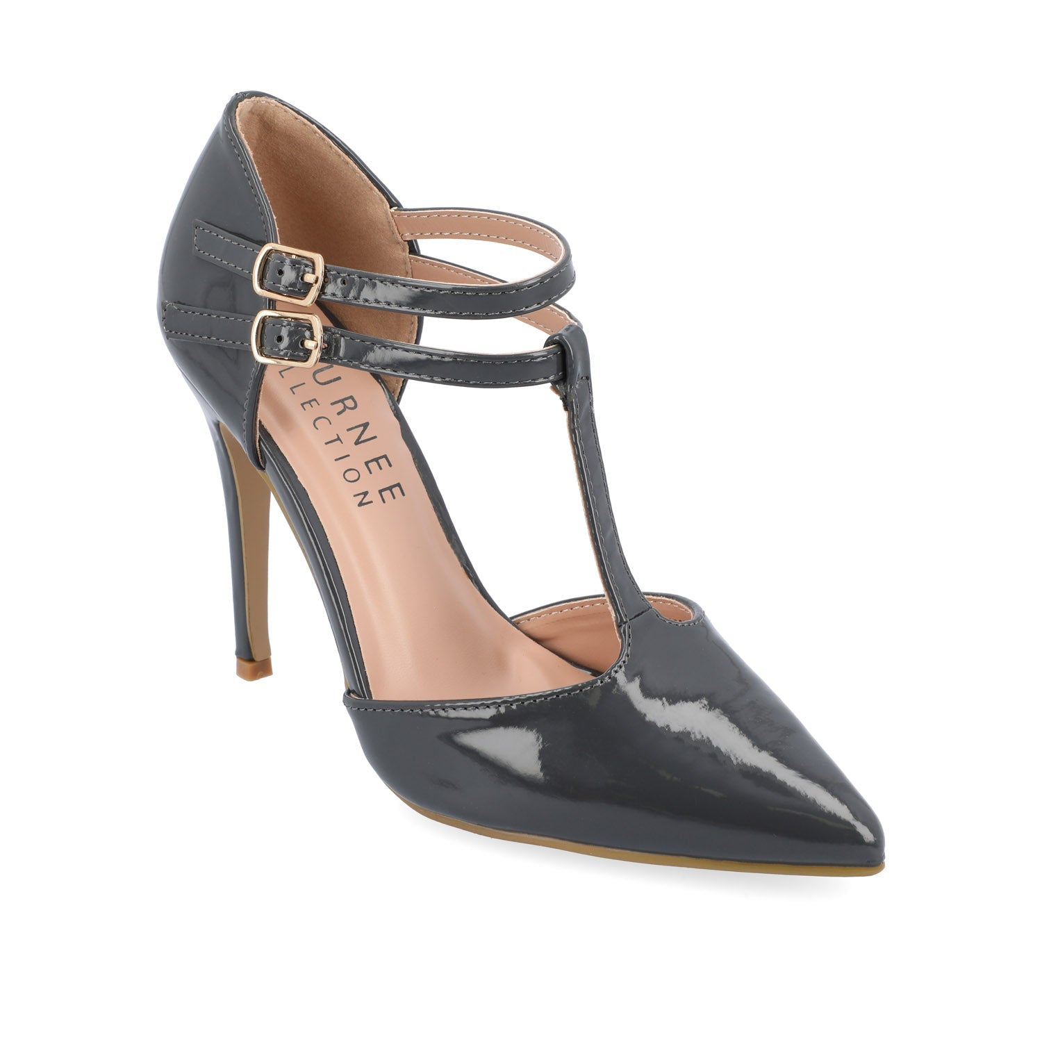 TRU T-STRAP STILETTO PUMP HEELS IN PATENT - Grey