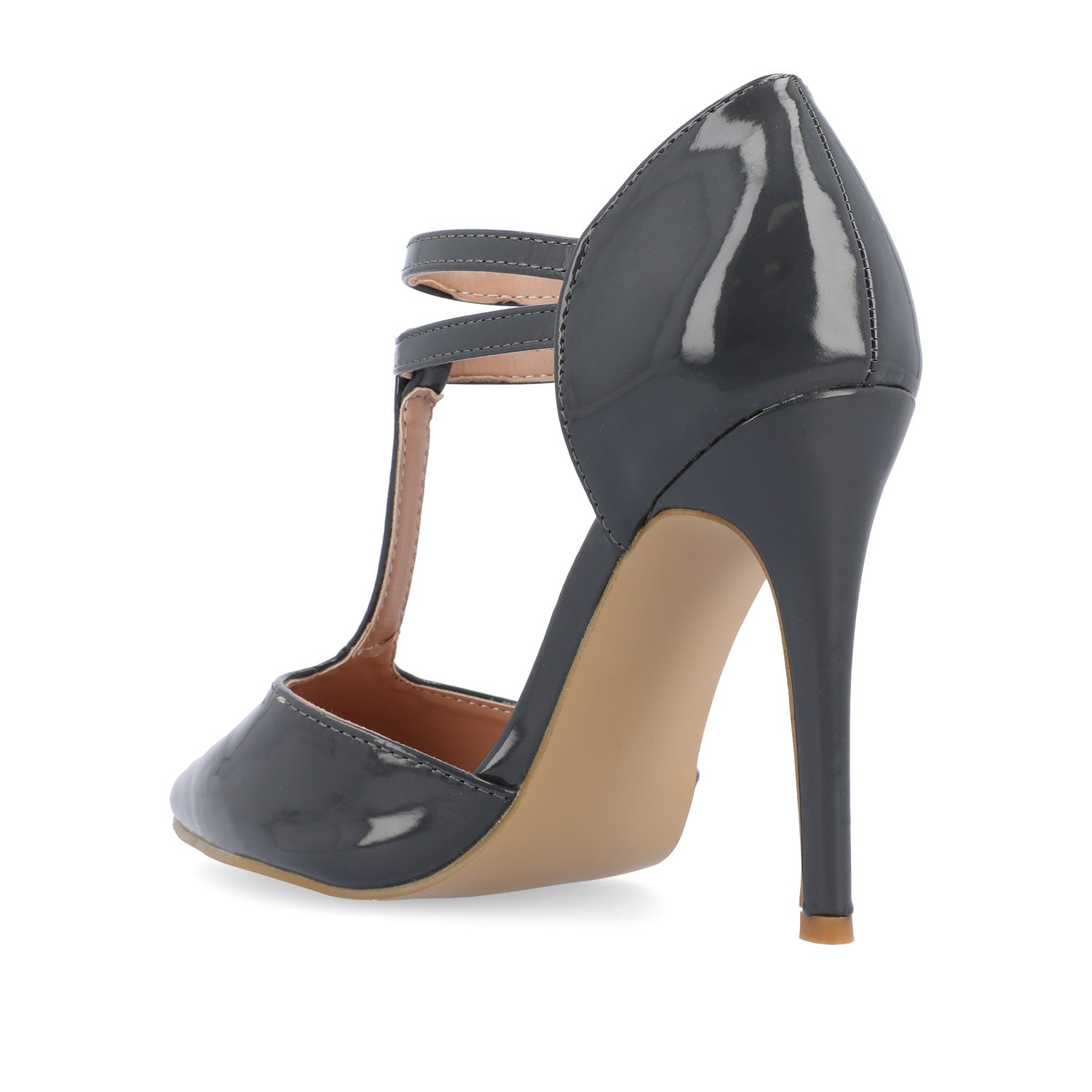 TRU T-STRAP STILETTO PUMP HEELS IN PATENT - Grey