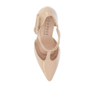 TRU T-STRAP STILETTO PUMP HEELS IN PATENT - Nude