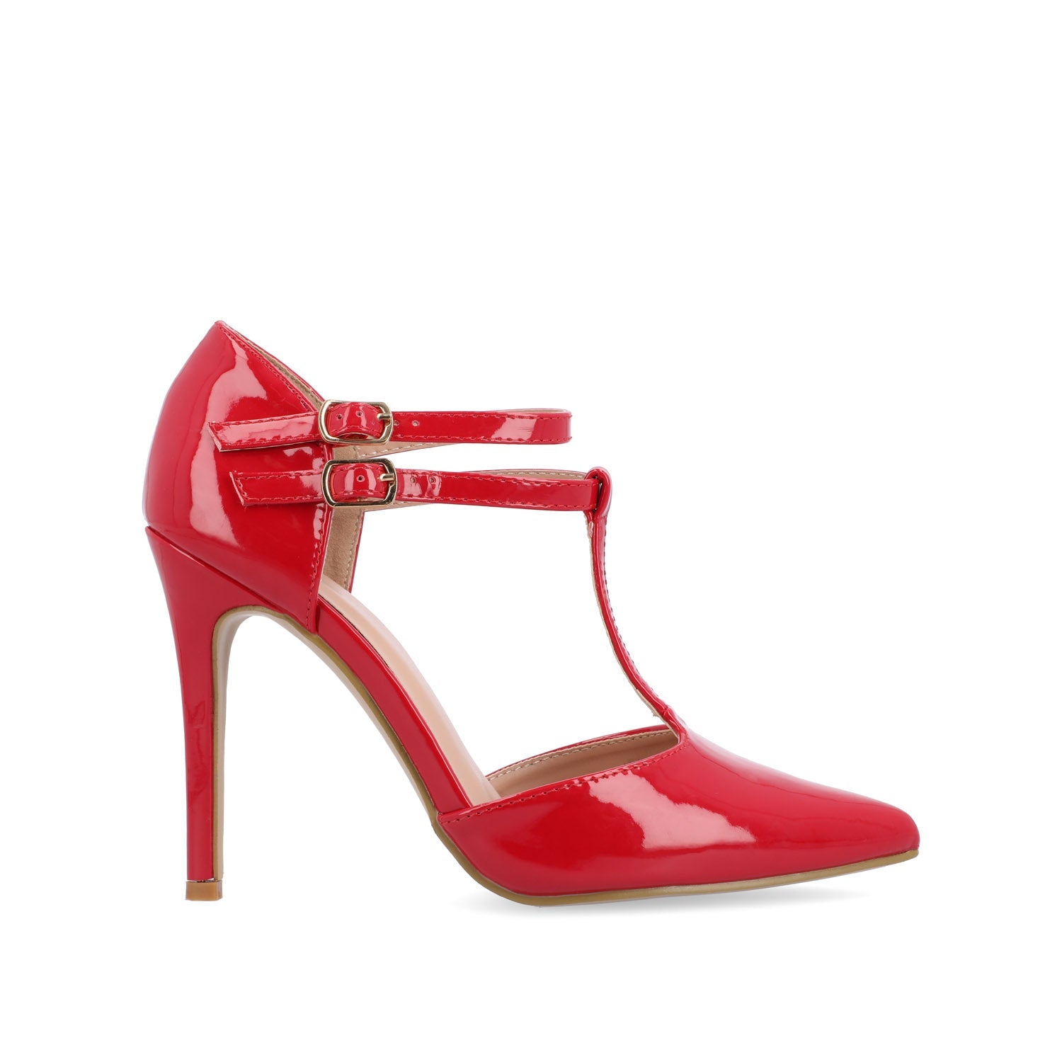 TRU T-STRAP STILETTO PUMP HEELS IN PATENT - Red
