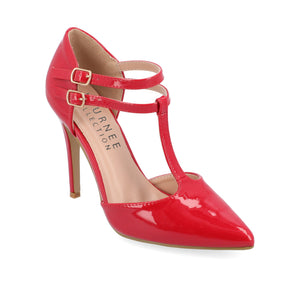 TRU T-STRAP STILETTO PUMP HEELS IN PATENT - Red