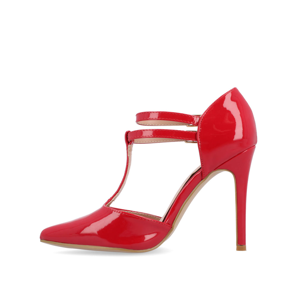 TRU T-STRAP STILETTO PUMP HEELS IN PATENT