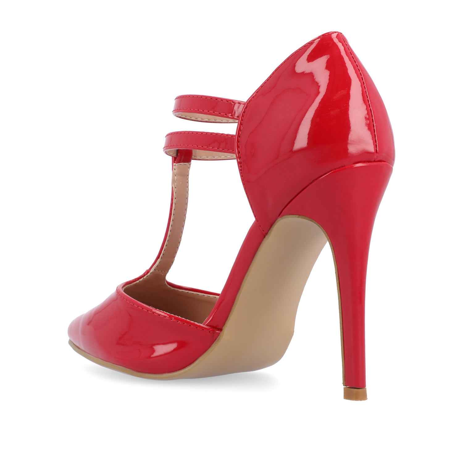 TRU T-STRAP STILETTO PUMP HEELS IN PATENT - Red