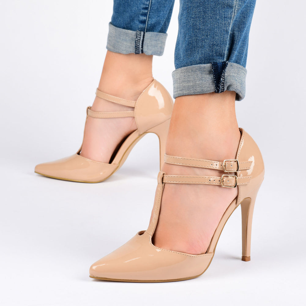 TRU T-STRAP STILETTO HEELS IN PATENT