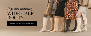 Group of women wearing wide calf boots in various neutral colors, with text overlay reading '11 years making wide calf boots.' Button below reads 'Browse Boots for All.'