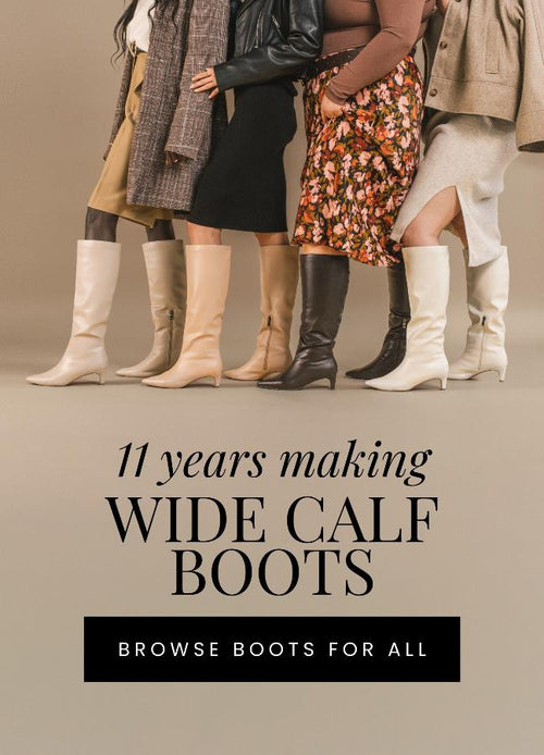 Group of women wearing wide calf boots in various neutral colors, with text overlay reading '11 years making wide calf boots.' Button below reads 'Browse Boots for All.'