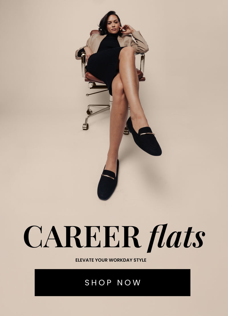 Woman sitting in a chair wearing black flats with gold details, with text overlay reading 'Career flats - Elevate your workday style.' Button below reads 'Shop Now.