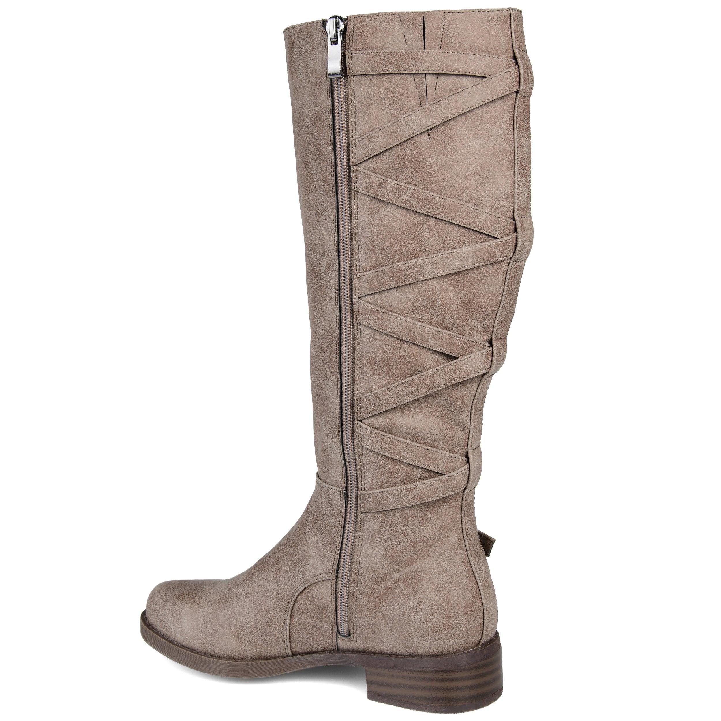 Journee Collection Women's Carly Knee High Boots - Faux Leather Riding Boots With Zigzag Lace Detail & Side Zip